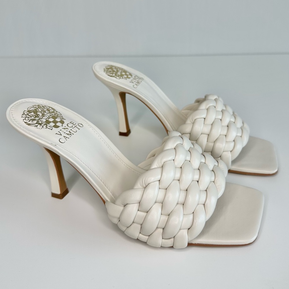 Vince Camuto White Braided Leather High Heel Slide Sandals